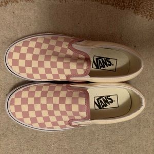 pink checkered Vans slip-ons